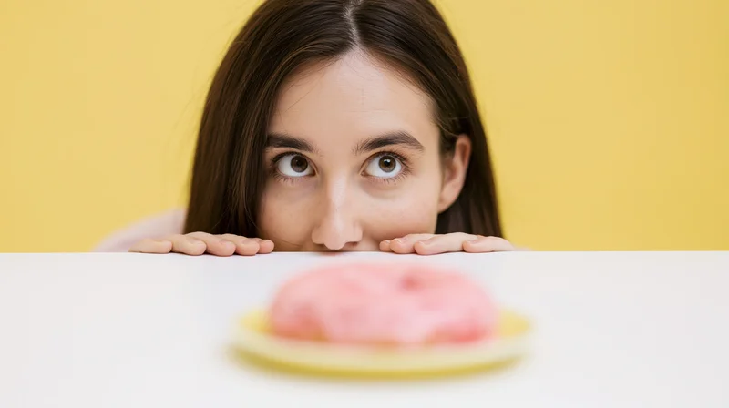 Young woman peeking over table edge at pink donut on yellow plate