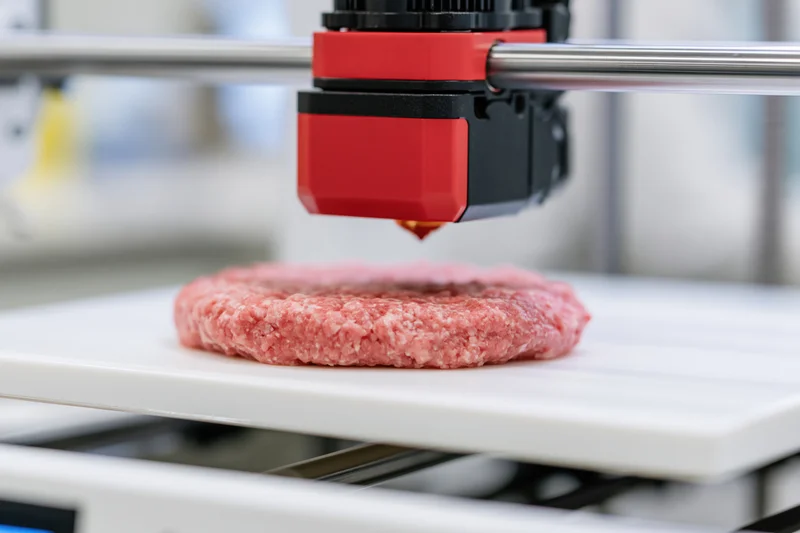 3d food printer extruding ground meat onto a white build plate in a lab setting