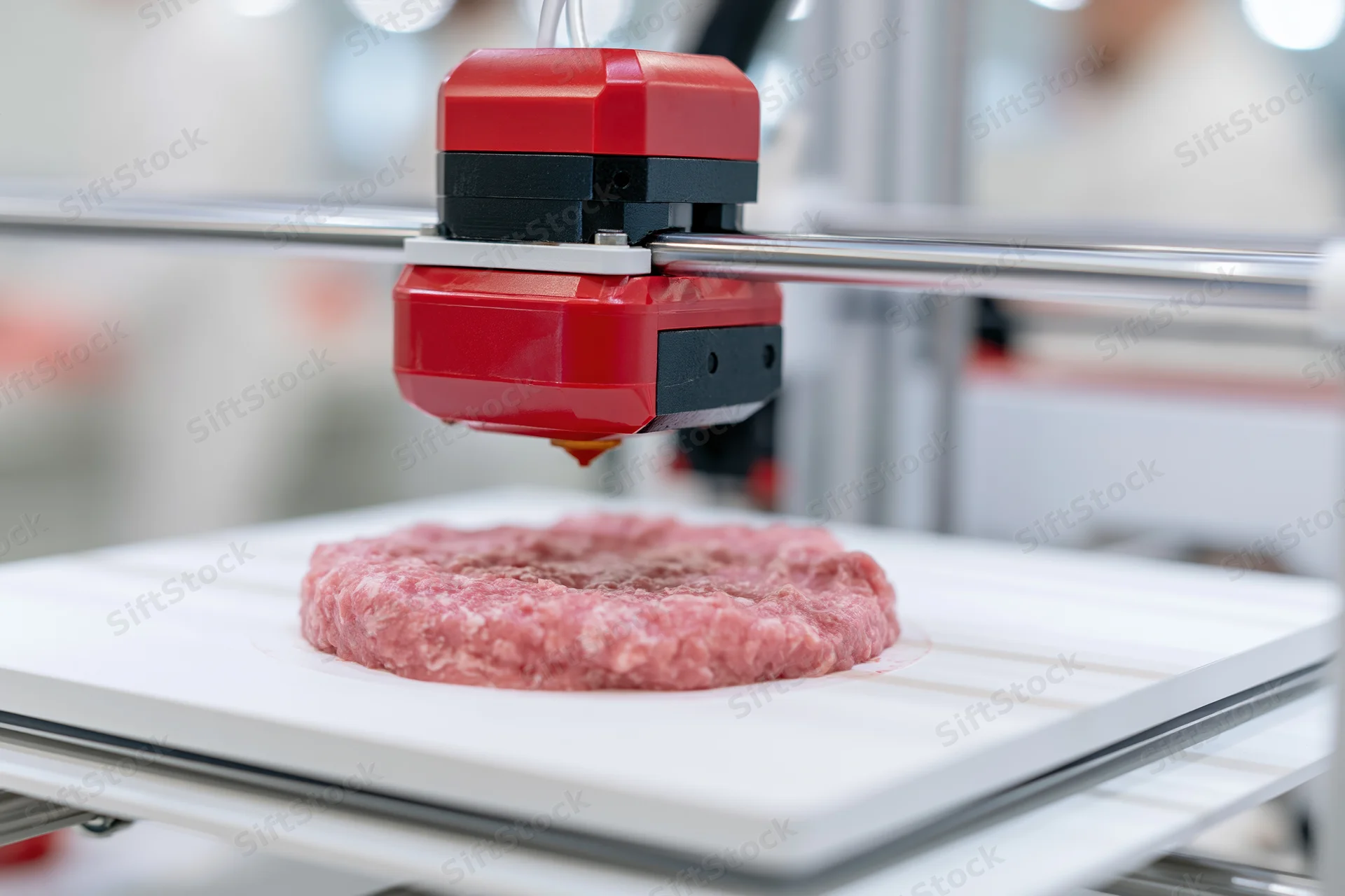 3d food printer extruding ground meat onto a white build platform in a lab setting