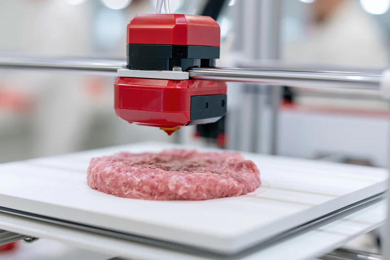 3d food printer extruding ground meat onto a white build platform in a lab setting
