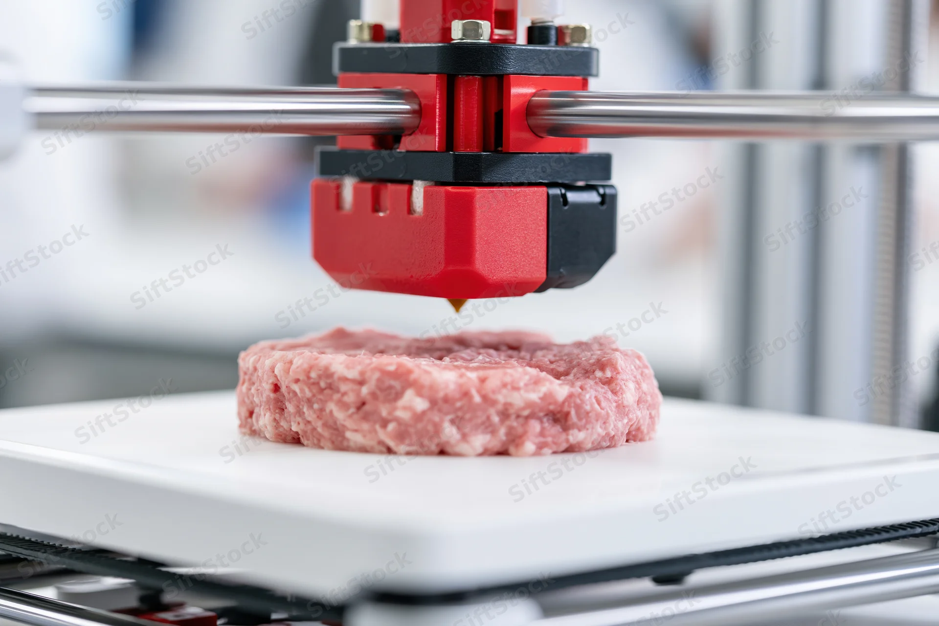 3d printer extruding ground meat onto a white build plate in a lab setting