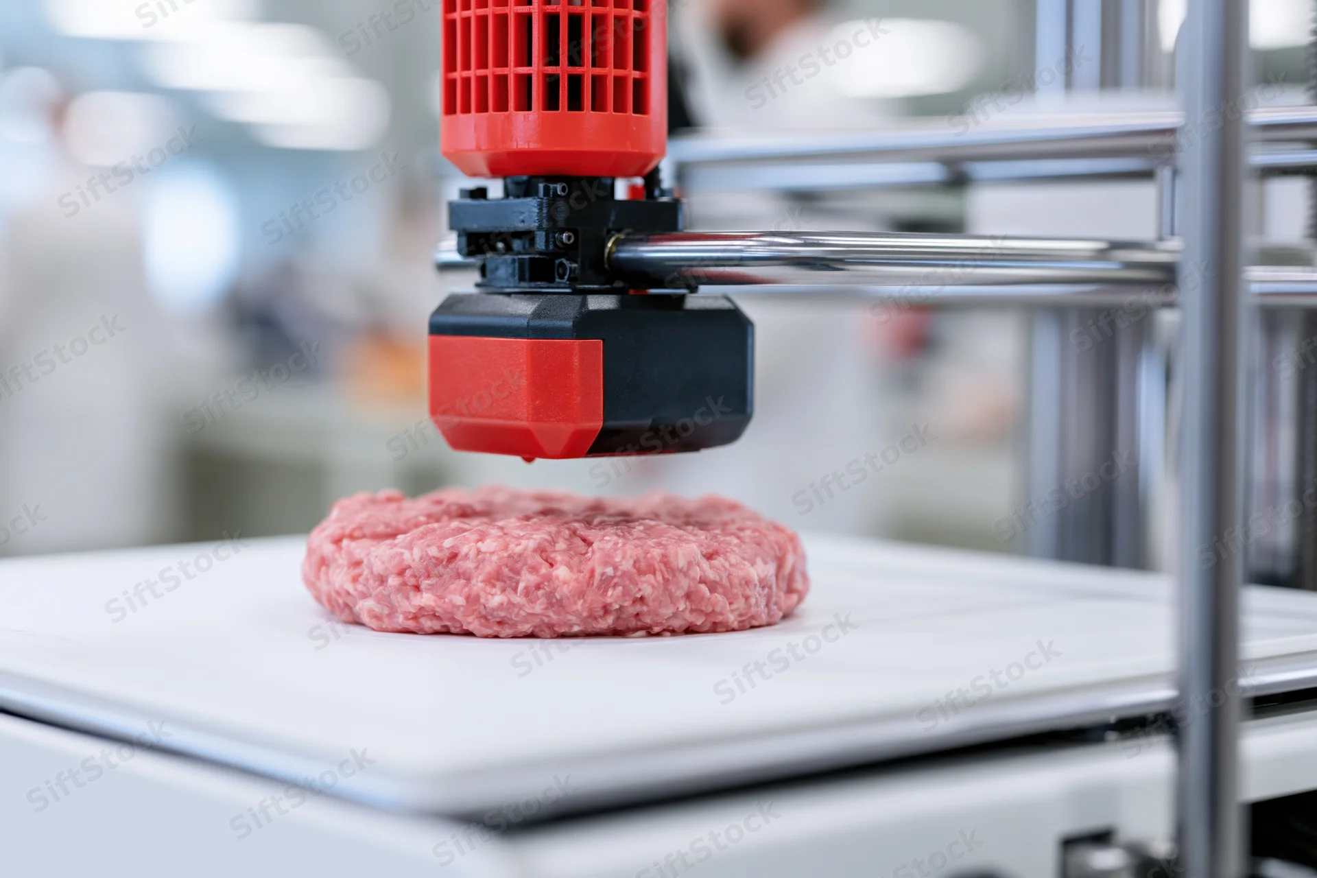 3d food printer extruding ground meat patty onto white platform in laboratory setting