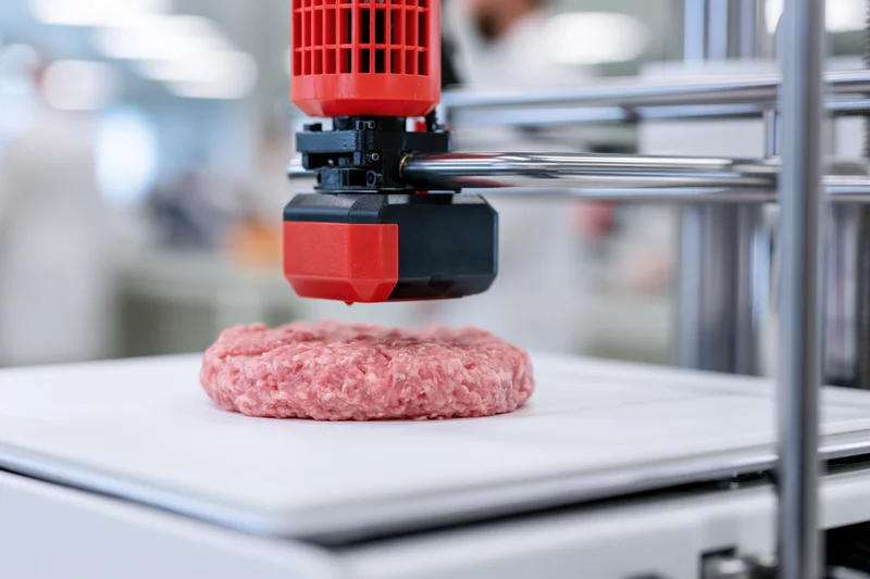 3d food printer extruding ground meat patty onto white platform in laboratory setting