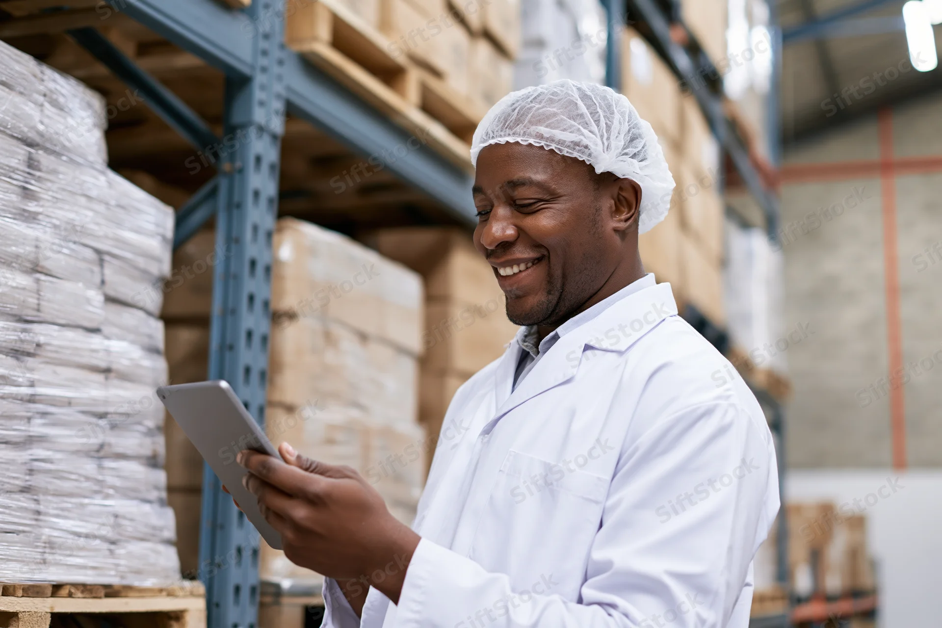Man in lab coat and hairnet smiling while using tablet in warehouse