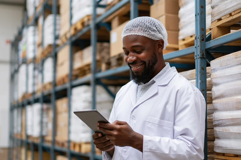 Man in lab coat smiling while using tablet in warehouse storage area