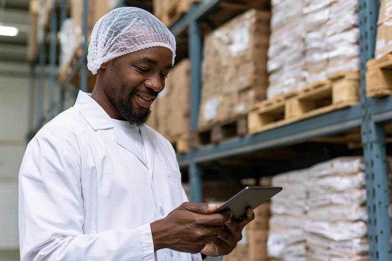 Man in white lab coat and hairnet smiling while using tablet in warehouse