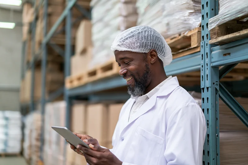 Man in lab coat and hairnet smiling while using tablet in warehouse