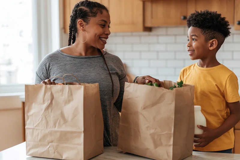 Black mother and young son smiling at each other while unpacking groceries on kitchen countertop