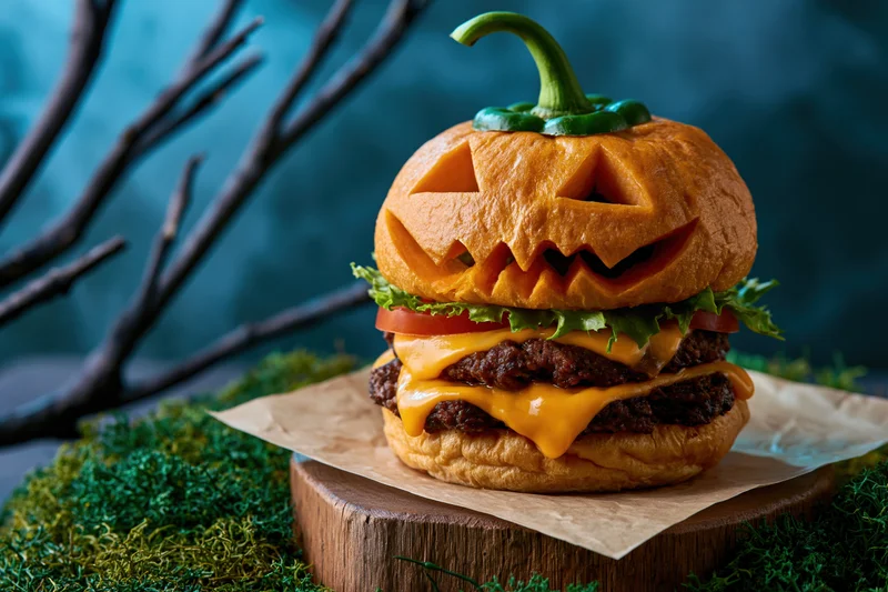 Halloween-themed burger with jack-o-lantern bun and cheeseburger filling on wooden stand surrounded by moss and branches