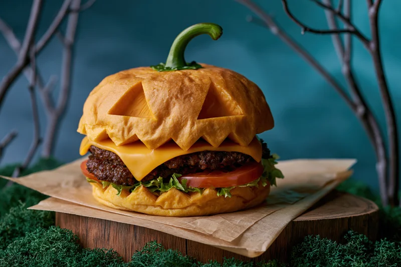Halloween-themed burger with jack-o-lantern bun and cheese patty on wooden tray surrounded by moss and branches