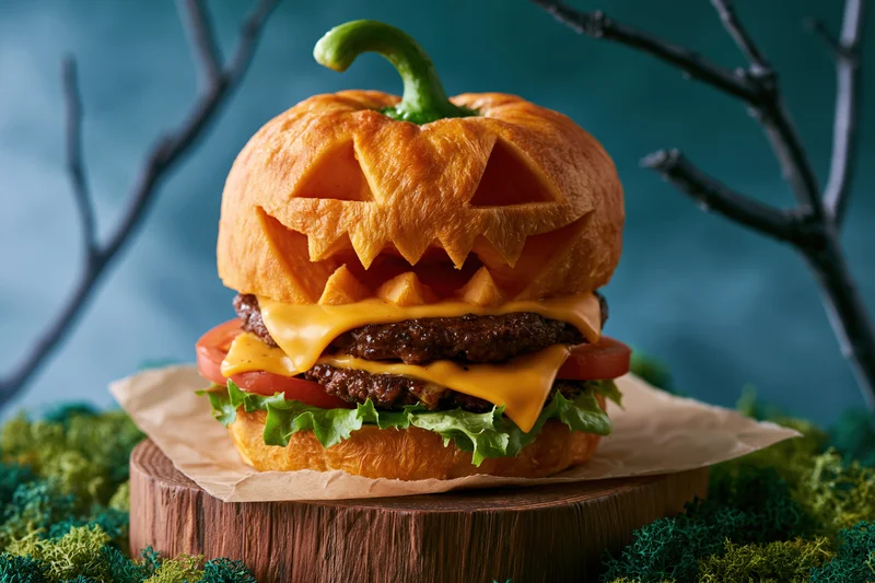 Halloween-themed burger with jack-o-lantern bun and cheese beef patty on wooden stump surrounded by moss and branches