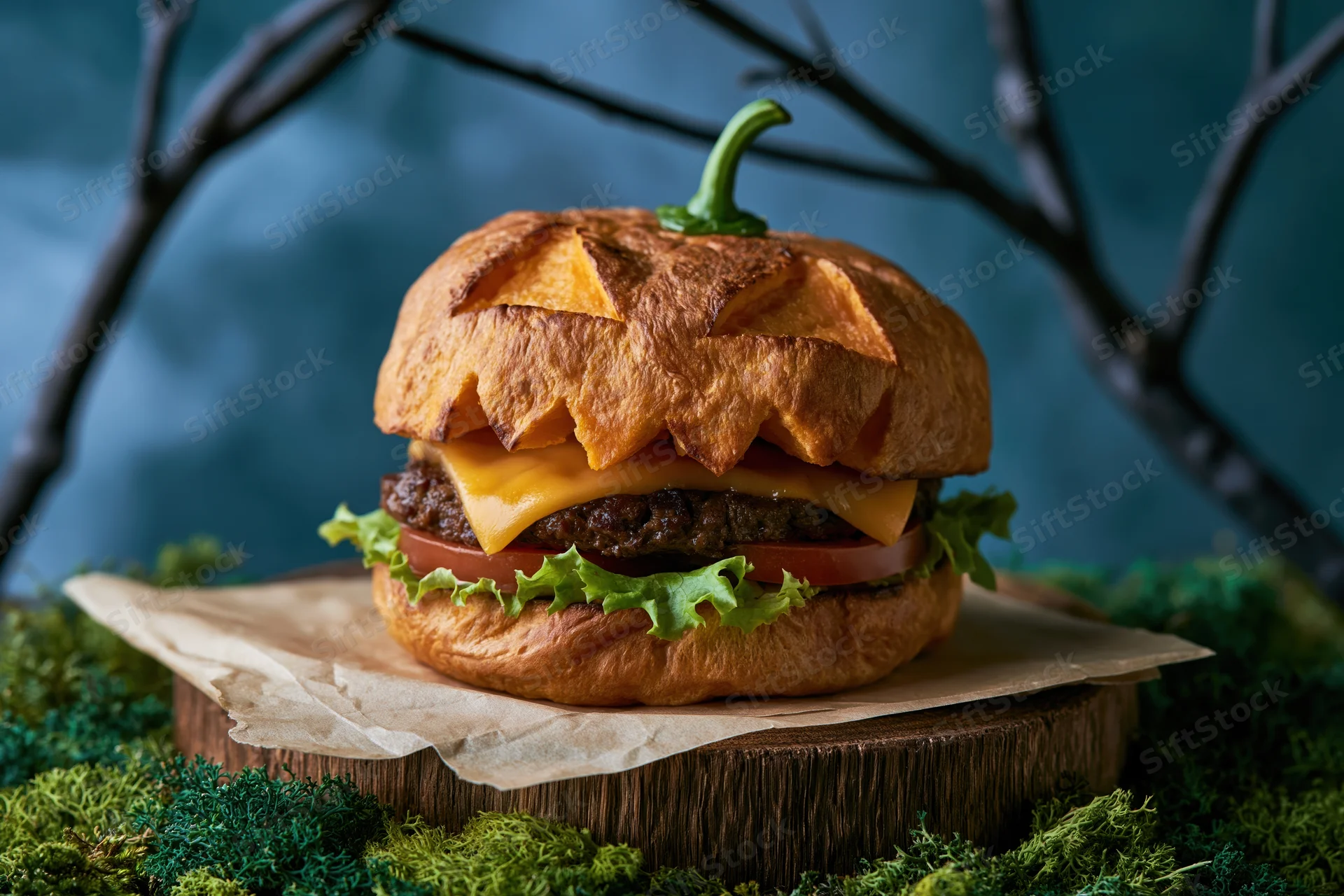 Halloween-themed burger with jack-o-lantern bun and cheese on wooden stand surrounded by moss and branches