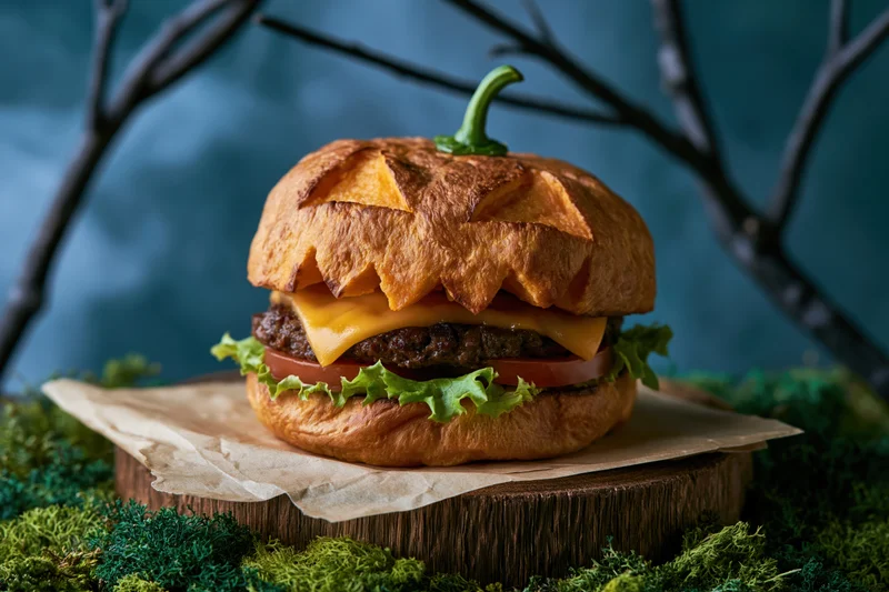Halloween-themed burger with jack-o-lantern bun and cheese on wooden stand surrounded by moss and branches