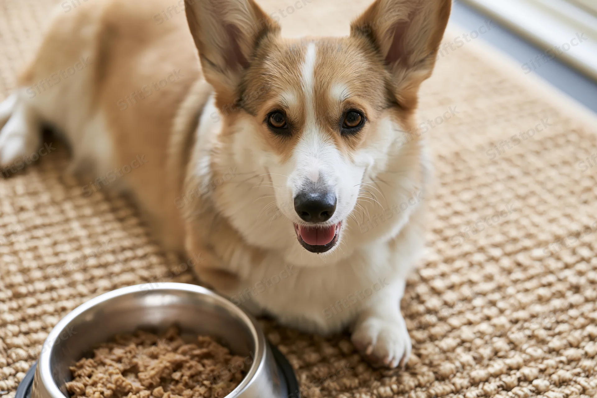 Pembroke welsh corgi lying on woven beige rug beside metal food bowl indoors