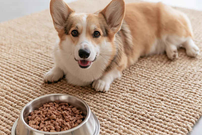 Pembroke welsh corgi lying on woven rug with food bowl in front