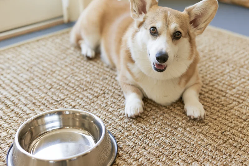 Pembroke welsh corgi lying on woven rug beside metal water bowl indoors
