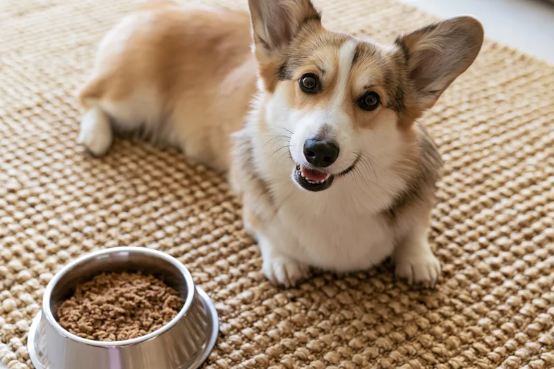 Pembroke welsh corgi lying on woven rug beside metal food bowl indoors