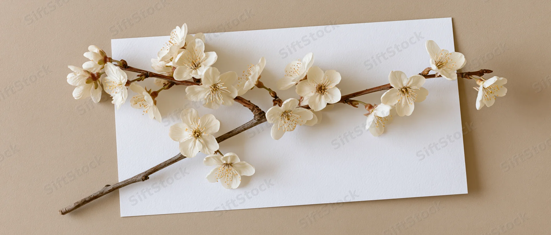 Cherry blossom branch resting diagonally on white card against beige surface