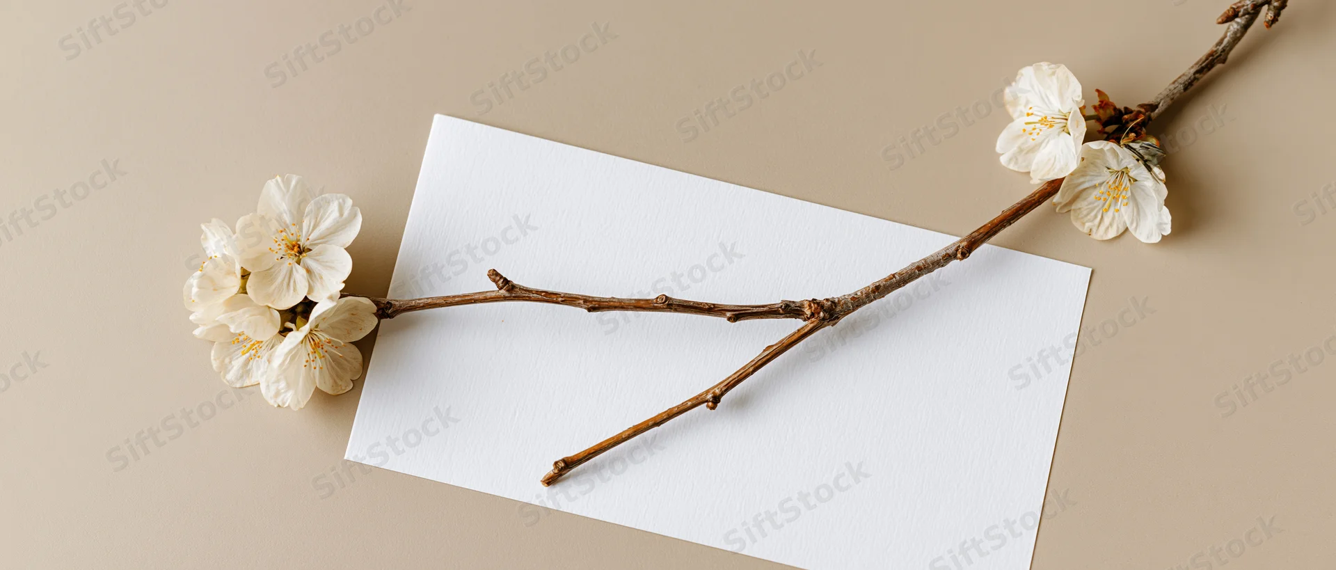 Cherry blossom branch resting diagonally on white textured paper with copyspace on beige background