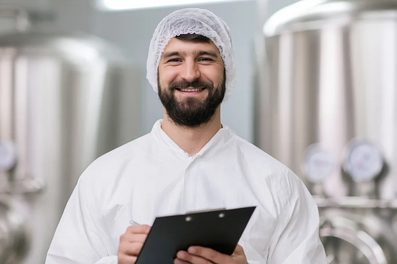 Bearded man in white coverall and hairnet holding clipboard in brewery with stainless steel tanks behind him