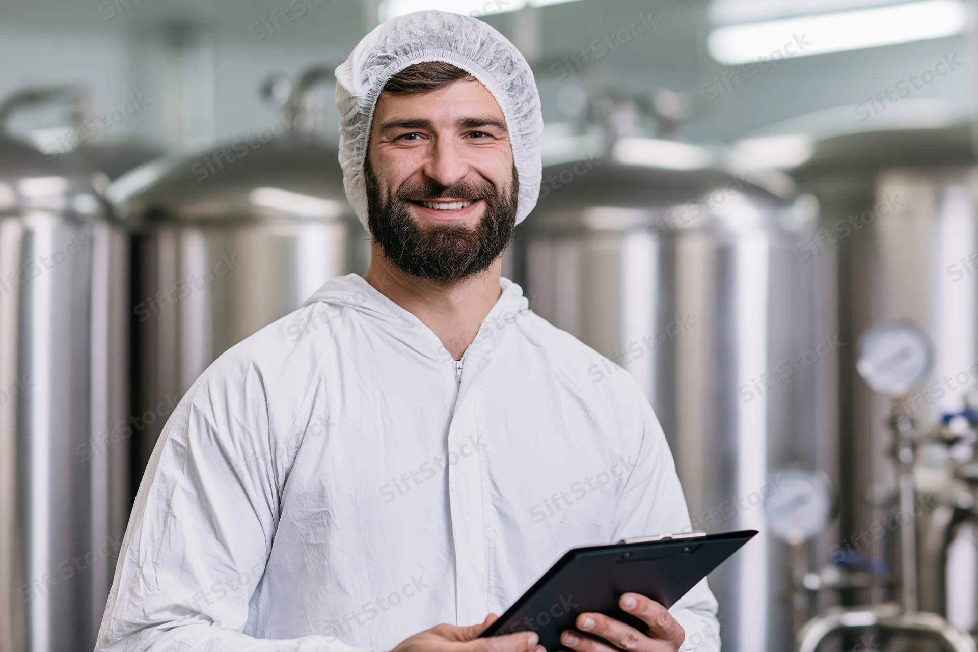Bearded man in white coverall and hairnet holding clipboard in brewery with stainless steel tanks behind him