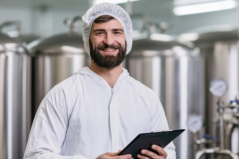 Bearded man in white coverall and hairnet holding clipboard in brewery with stainless steel tanks behind him