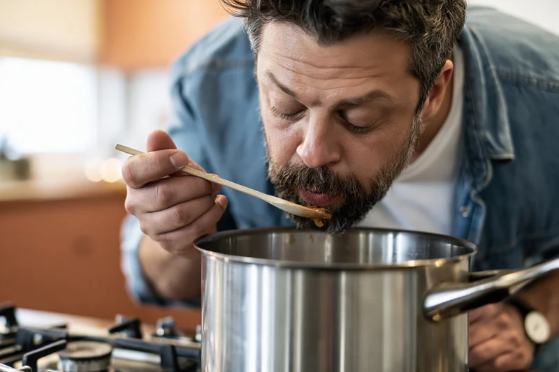 Man tasting food from a spoon over a stainless steel pot on a gas stove in a kitchen