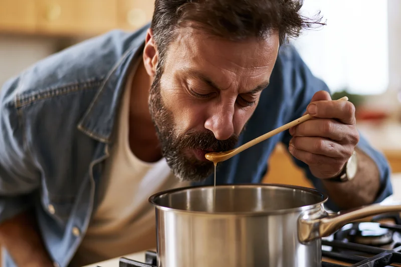 Man tasting sauce from wooden spoon over stainless steel pot on gas stove