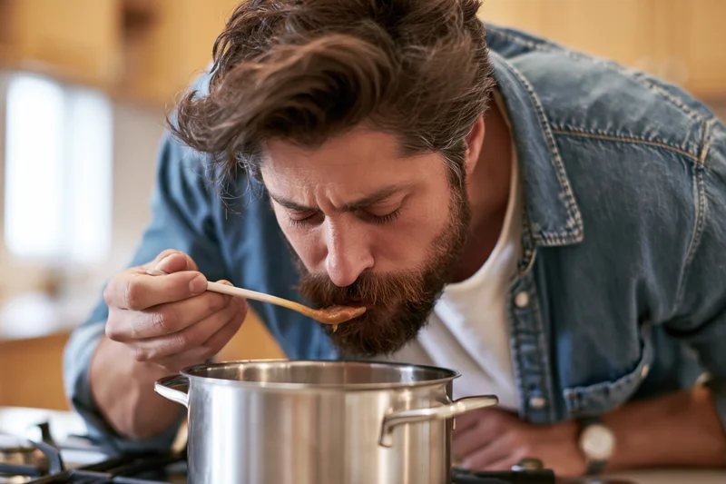 Bearded man tasting from spoon over stainless steel pot on gas stove in kitchen