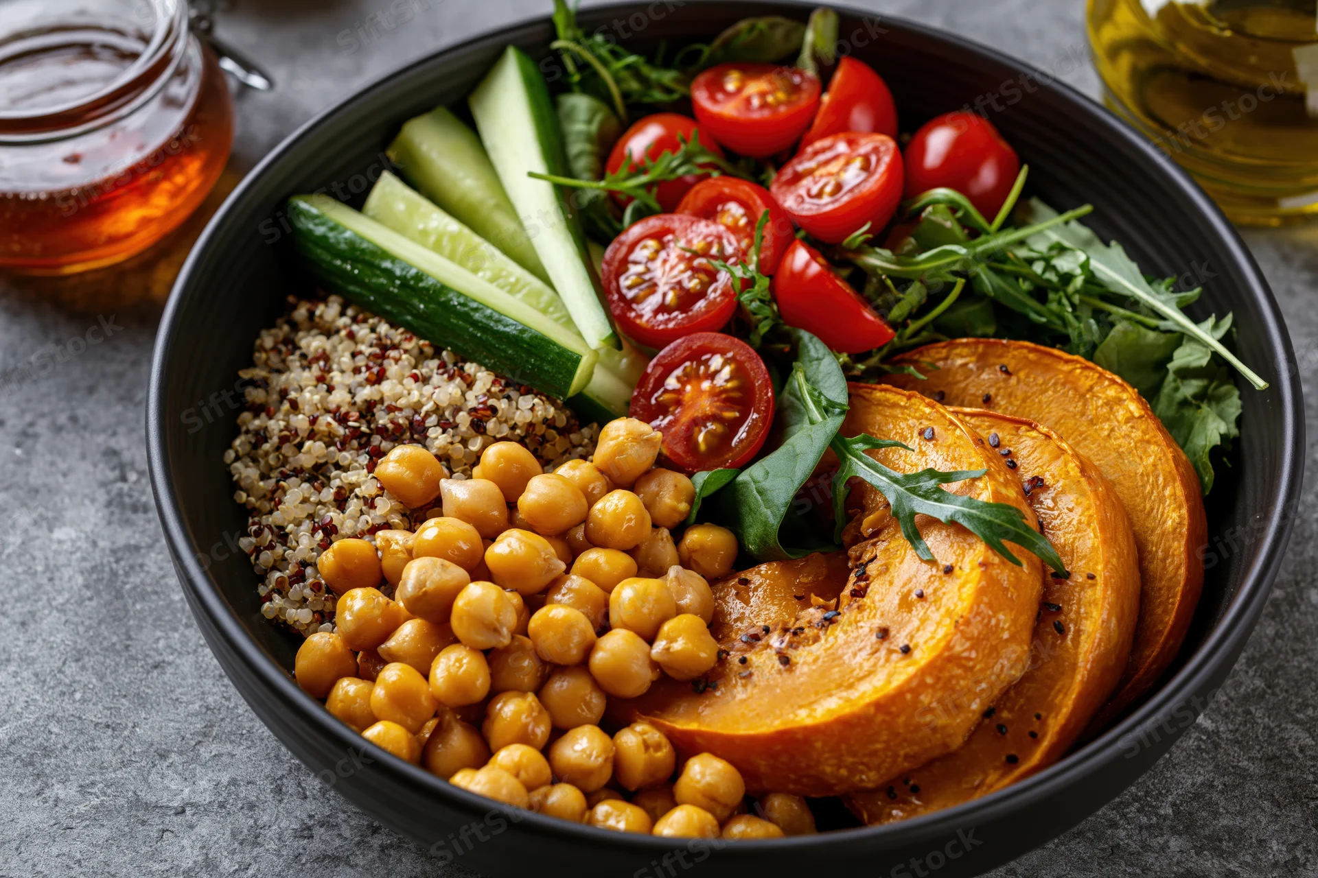 Black ceramic buddha bowl filled with roasted pumpkin slices, chickpeas, quinoa, cucumber, tomato and arugula on gray surface