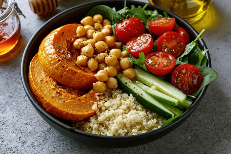 Black ceramic buddha bowl with roasted pumpkin, chickpeas, quinoa, tomatoes, cucumber and arugula on gray surface