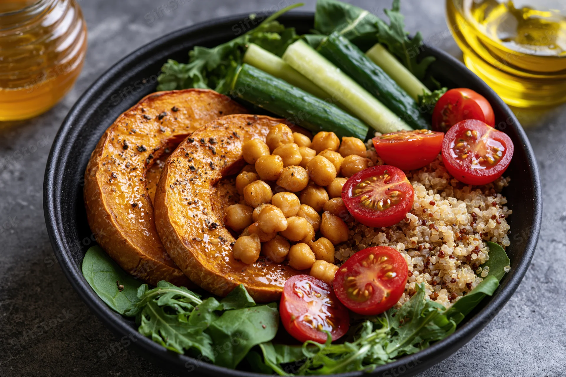 Buddha bowl with roasted pumpkin, chickpeas, quinoa, tomatoes, cucumbers and greens on gray surface