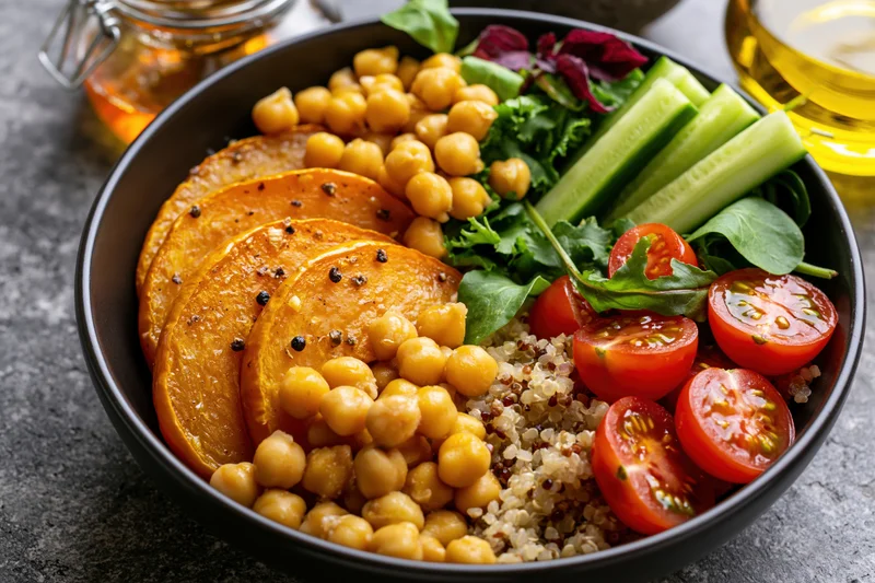 Black ceramic buddha bowl filled with roasted pumpkin slices, chickpeas, quinoa, and mixed vegetables on a gray stone countertop