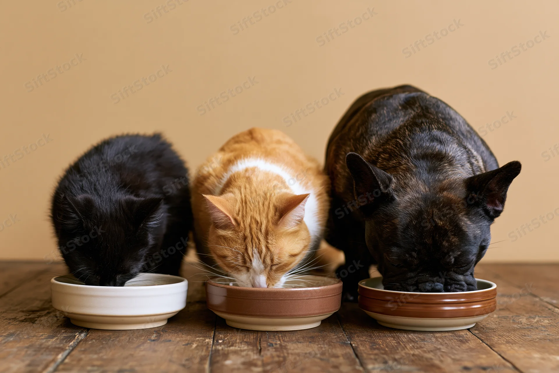 Three pets eating from bowls on a wooden table