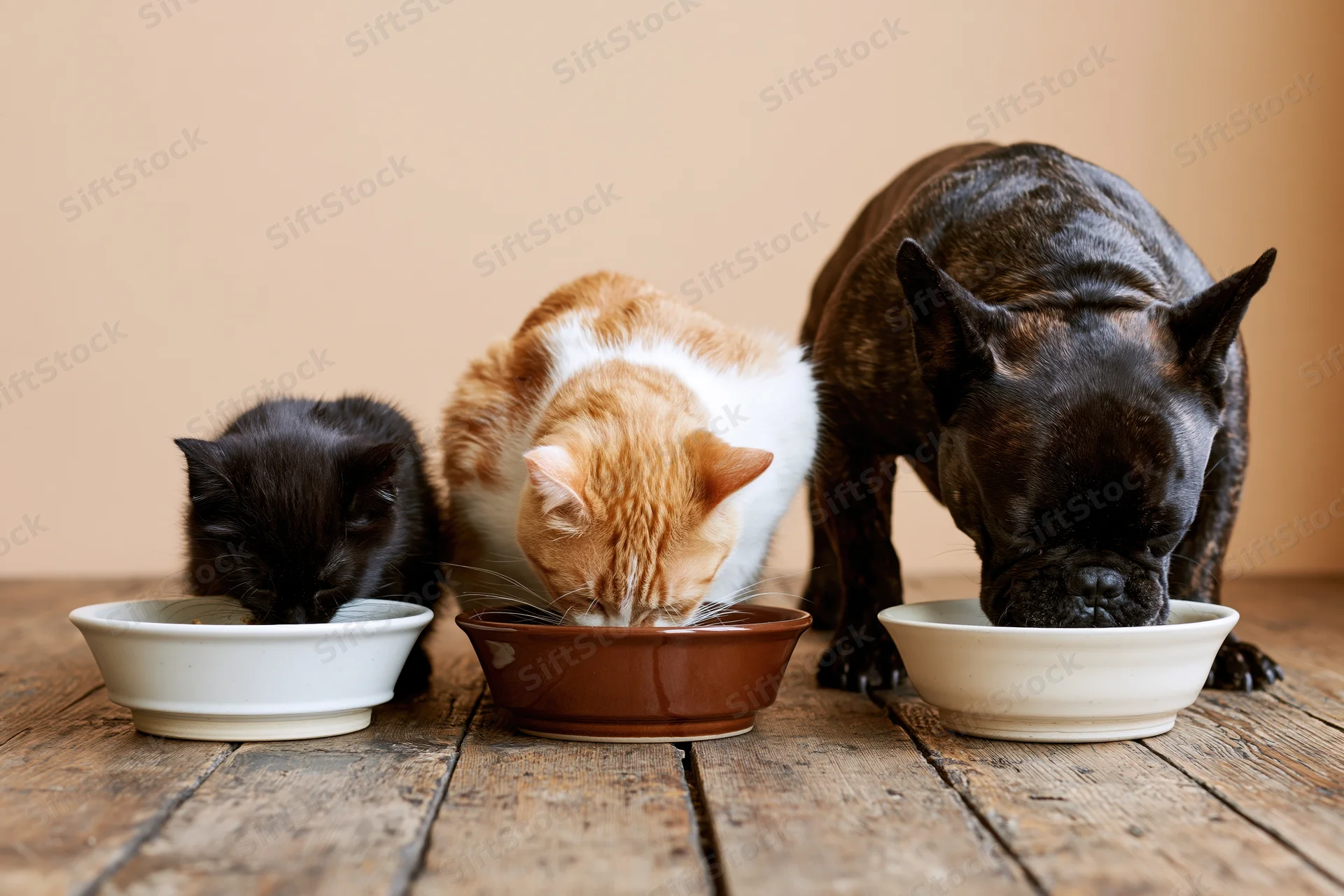 Black kitten, orange-and-white cat, and brindle french bulldog eating from bowls on wooden floor