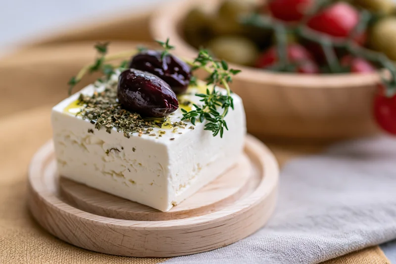 Block of feta cheese garnished with olives and thyme on a wooden plate with tomatoes in the background