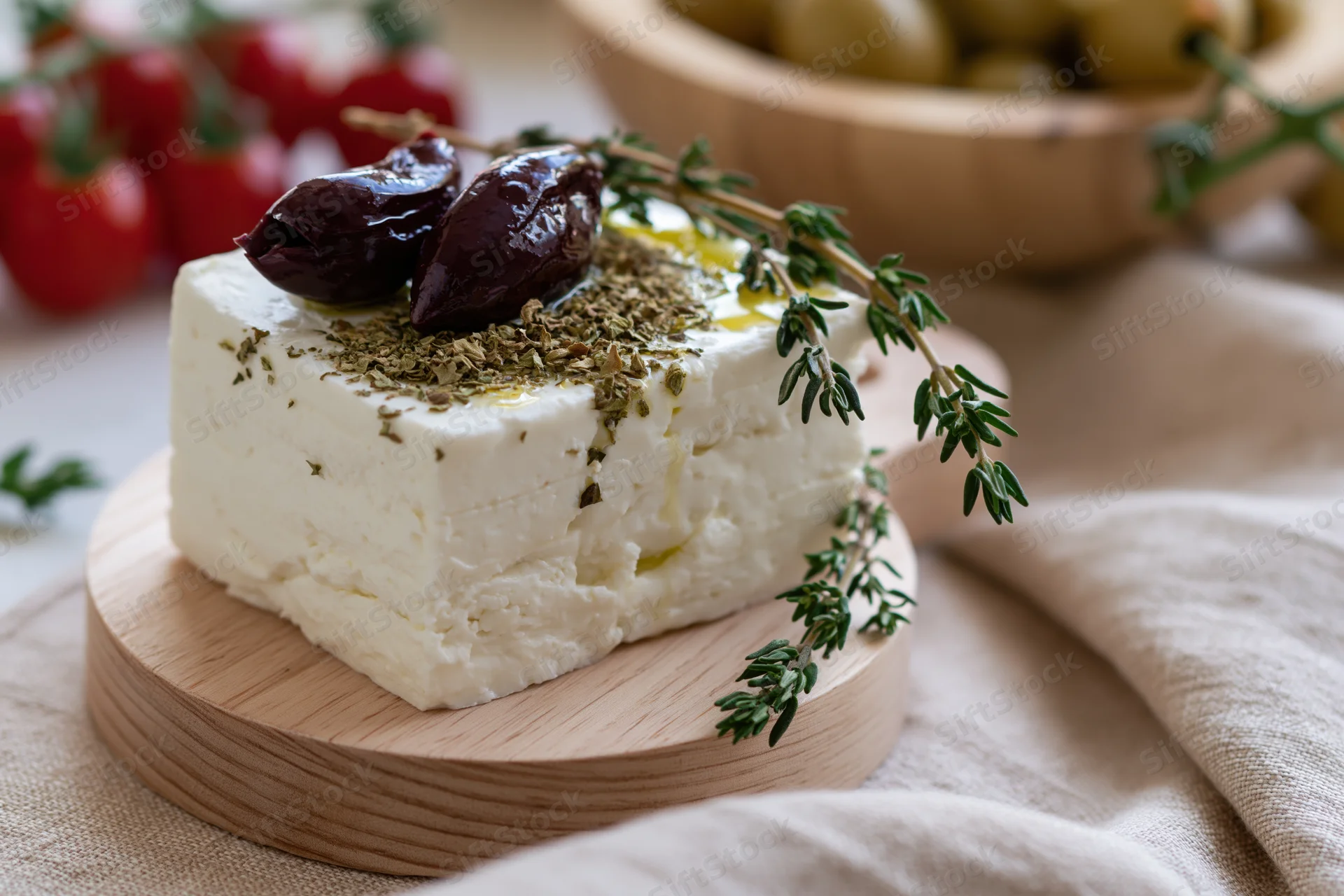 Block of feta cheese topped with herbs, dates, and olive oil on a wooden board with tomatoes and olives in the background