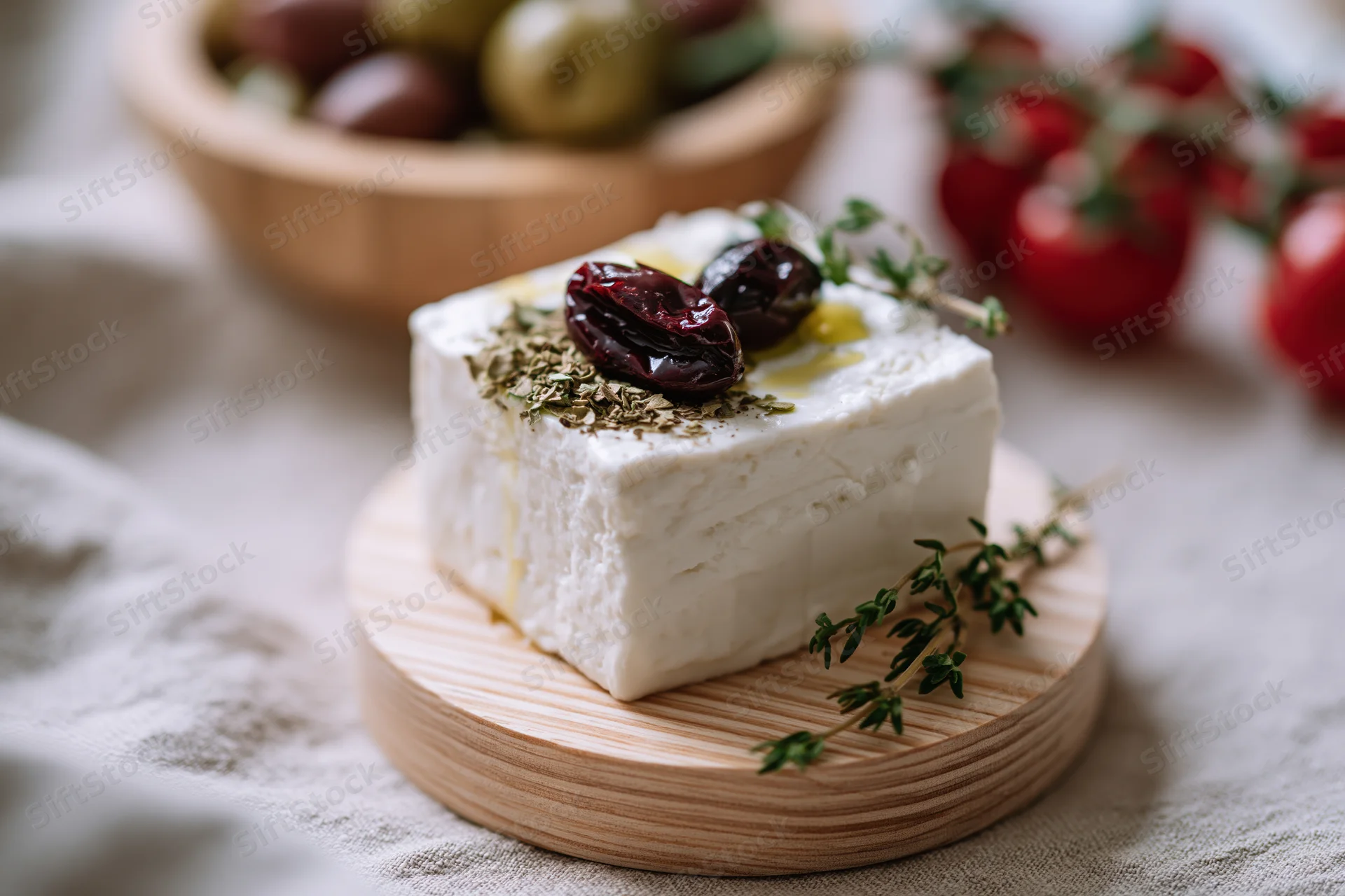 Block of feta cheese garnished with olives and herbs on wooden plate