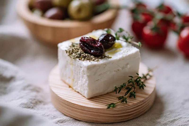 Block of feta cheese garnished with olives and herbs on wooden plate