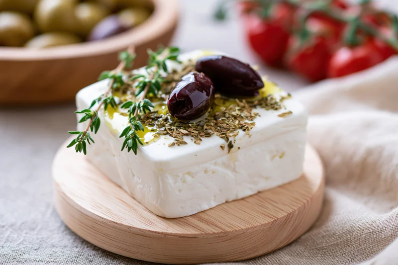 Block of feta cheese garnished with olives and herbs on a wooden board