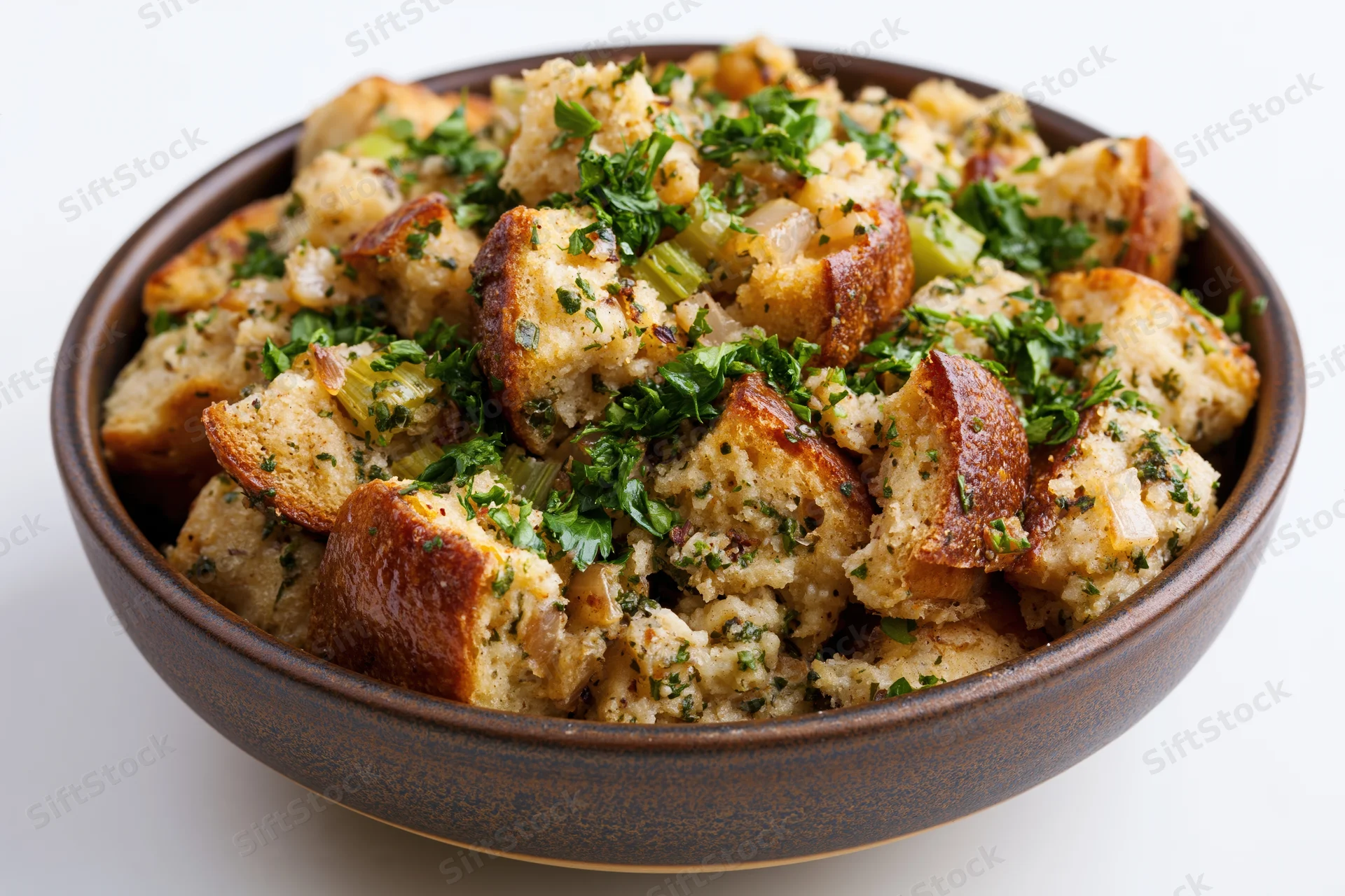 Bowl of rustic bread stuffing with toasted cubes and herbs on white background