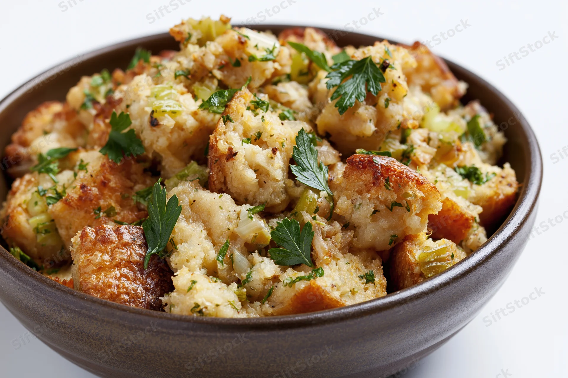 Bowl of rustic bread stuffing with toasted cubes and herbs on white background
