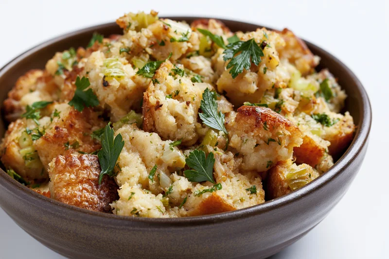 Bowl of rustic bread stuffing with toasted cubes and herbs on white background