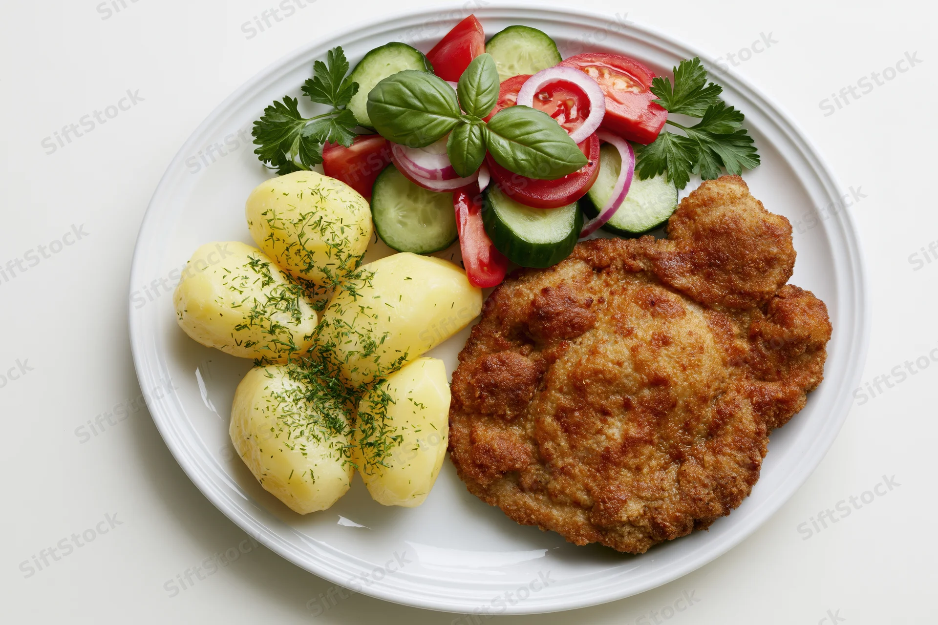Breaded fried pork schnitzel served on a white ceramic plate with boiled potatoes and vegetable salad