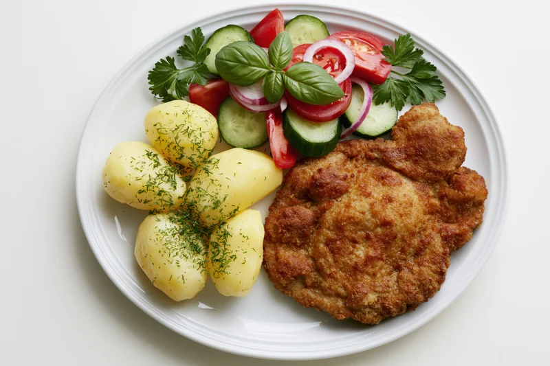Breaded fried pork schnitzel served on a white ceramic plate with boiled potatoes and vegetable salad
