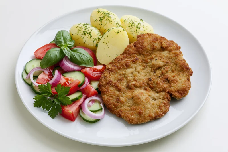 Breaded fried pork schnitzel with boiled potatoes and vegetable salad on a white ceramic plate