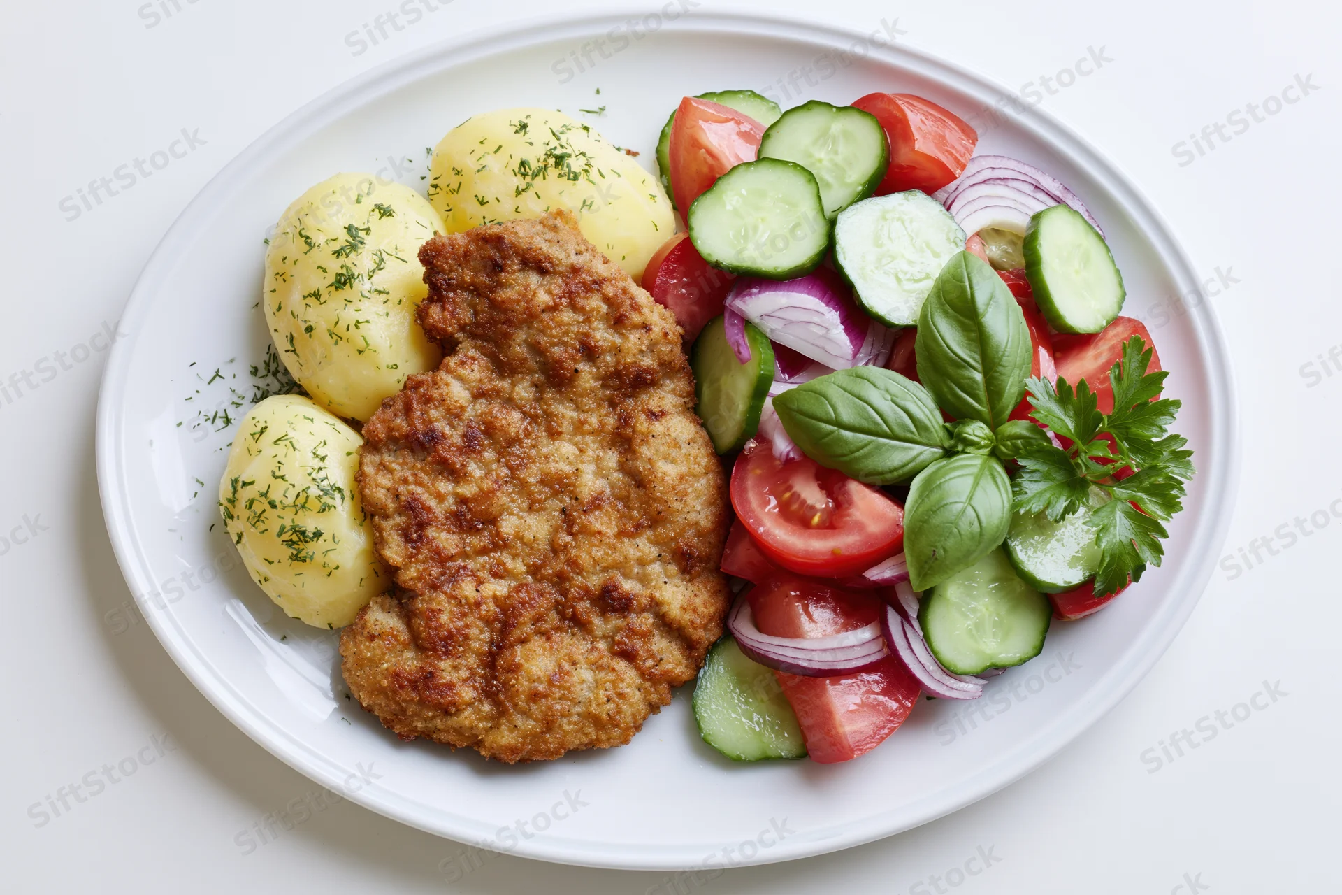 Breaded fried pork schnitzel with boiled potatoes and vegetable salad on a white ceramic plate