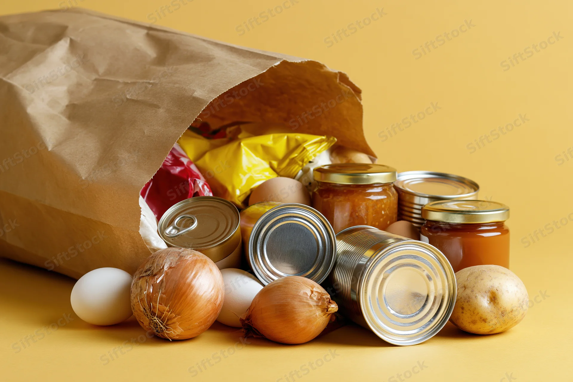 Brown paper grocery bag tipped over spilling canned goods and fresh produce onto a yellow surface
