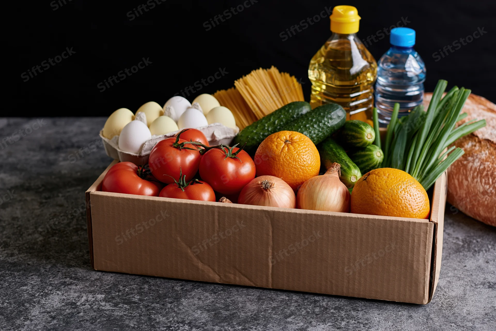 Cardboard box filled with fresh vegetables and fruit on a dark surface