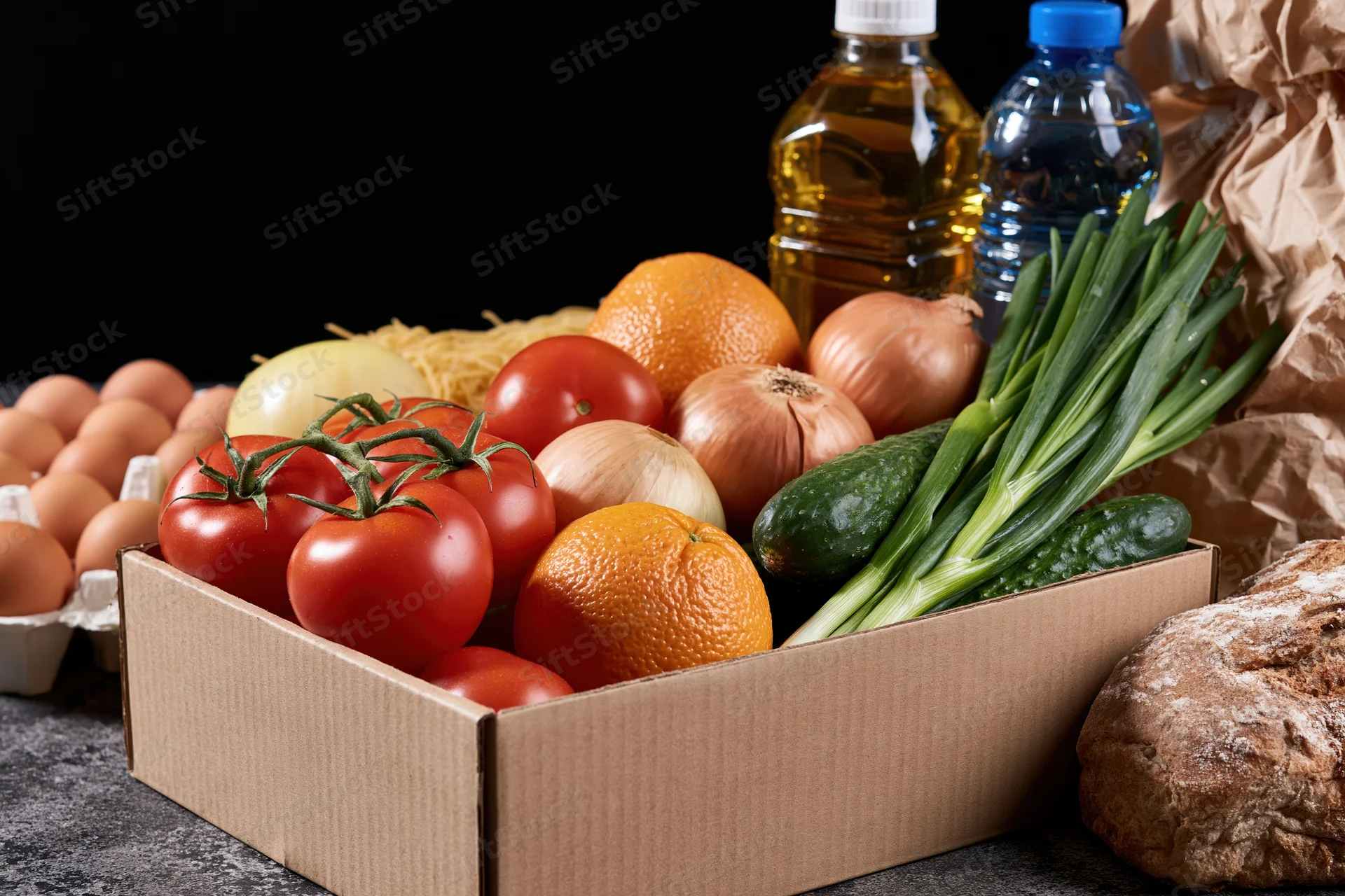 Cardboard box filled with fresh vegetables and fruit on dark surface